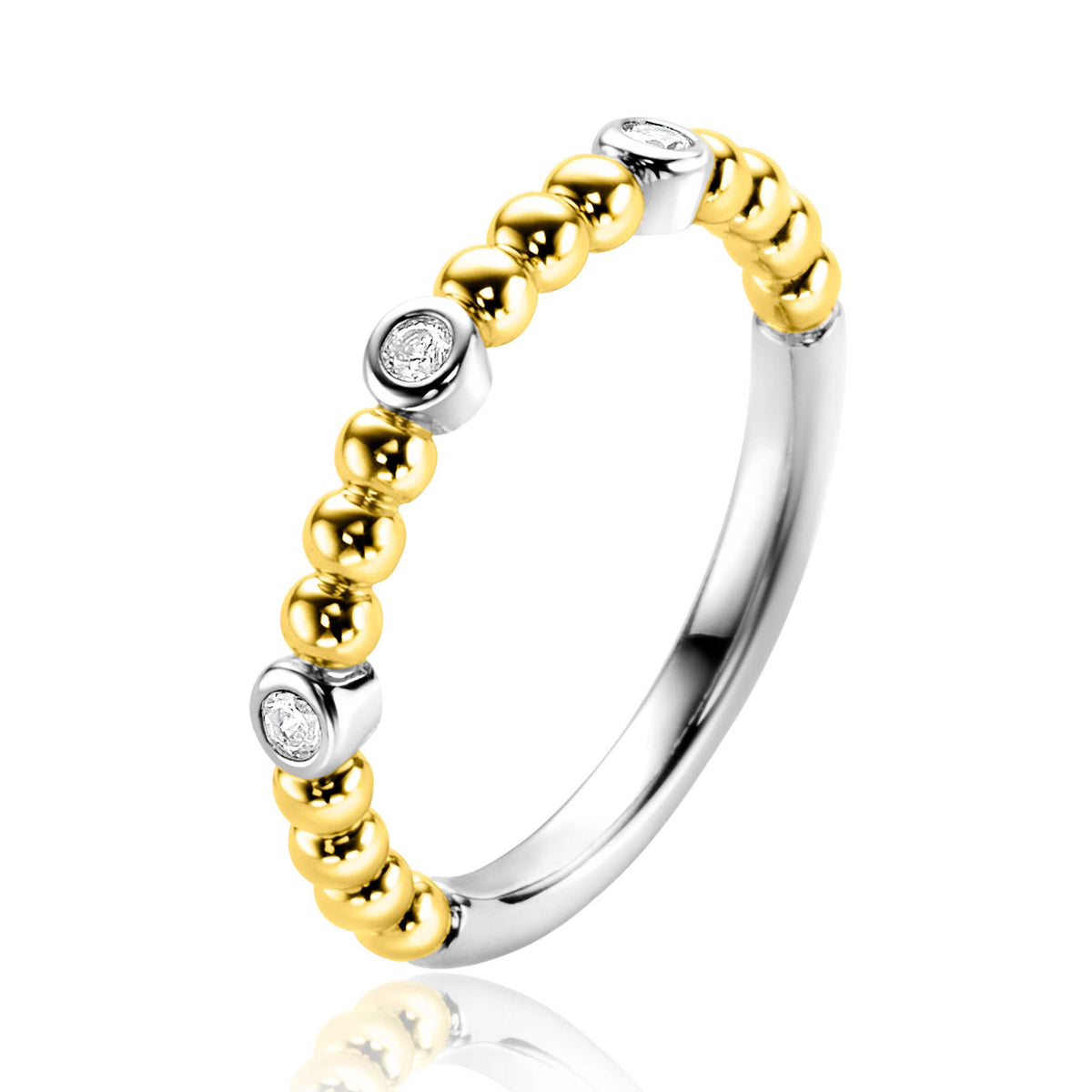Gouden ring met zilveren accenten en ronde bolletjes, versierd met kleine, heldere steentjes.