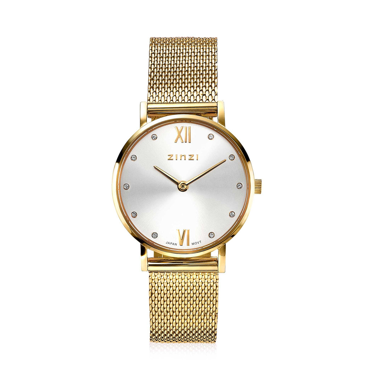 Geelgoudkleurig horloge met een zilveren wijzerplaat, mesh-band en strass-steentjes als uurmarkeringen.