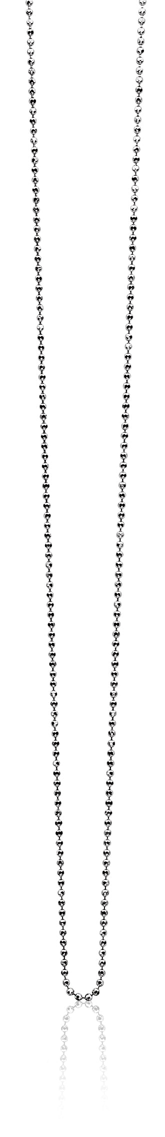 Zilveren ketting met bolvormige schakels en een glanzende afwerking.
