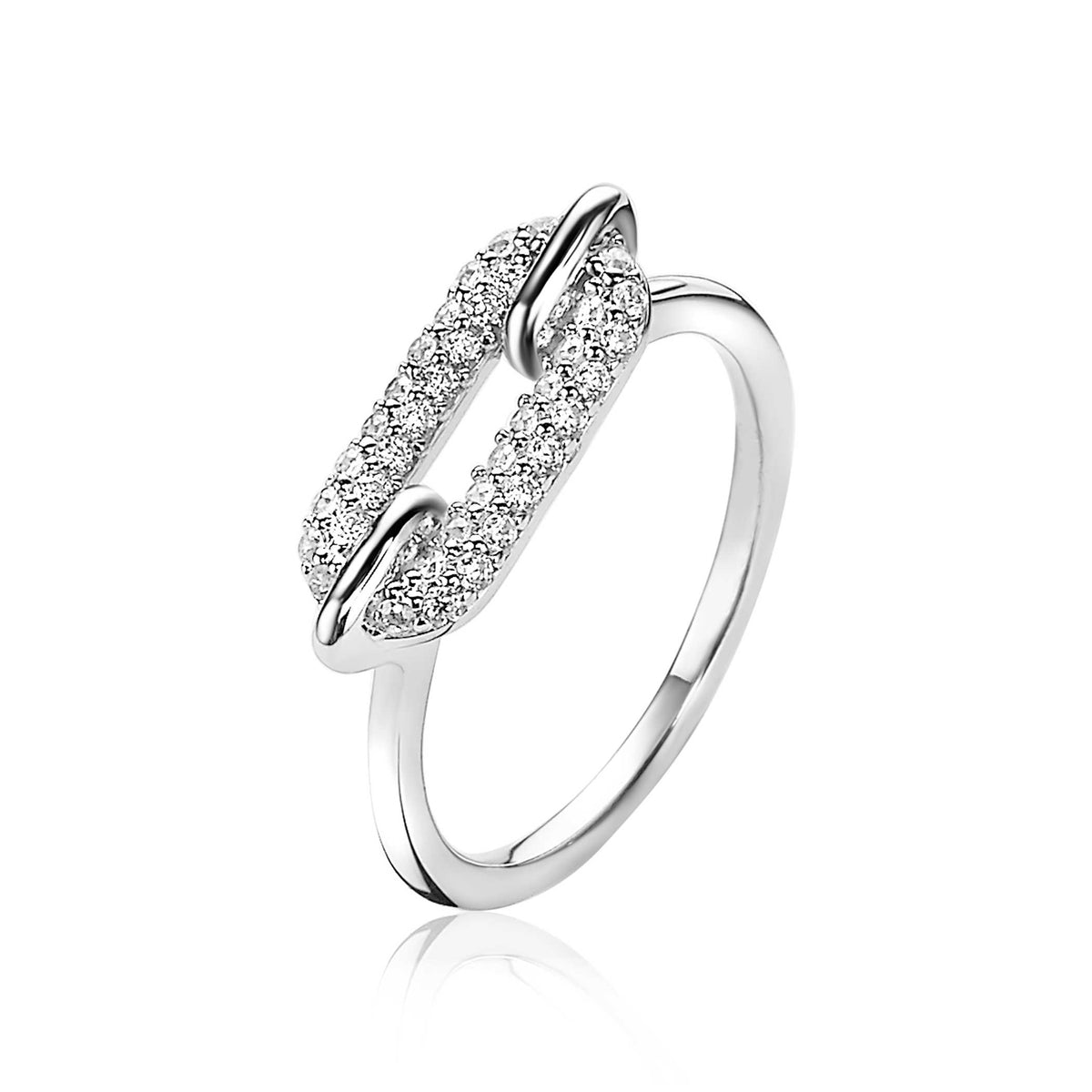 Zilveren ring met een schakelpunt bezet met sprankelende steentjes.