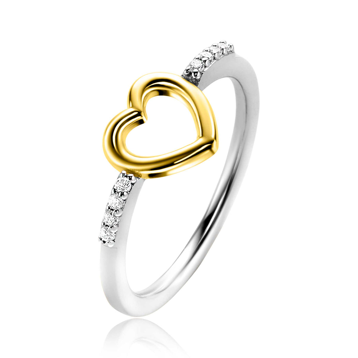 Ring met een gouden hart en zilveren band, versierd met kleine steentjes aan de zijkanten.