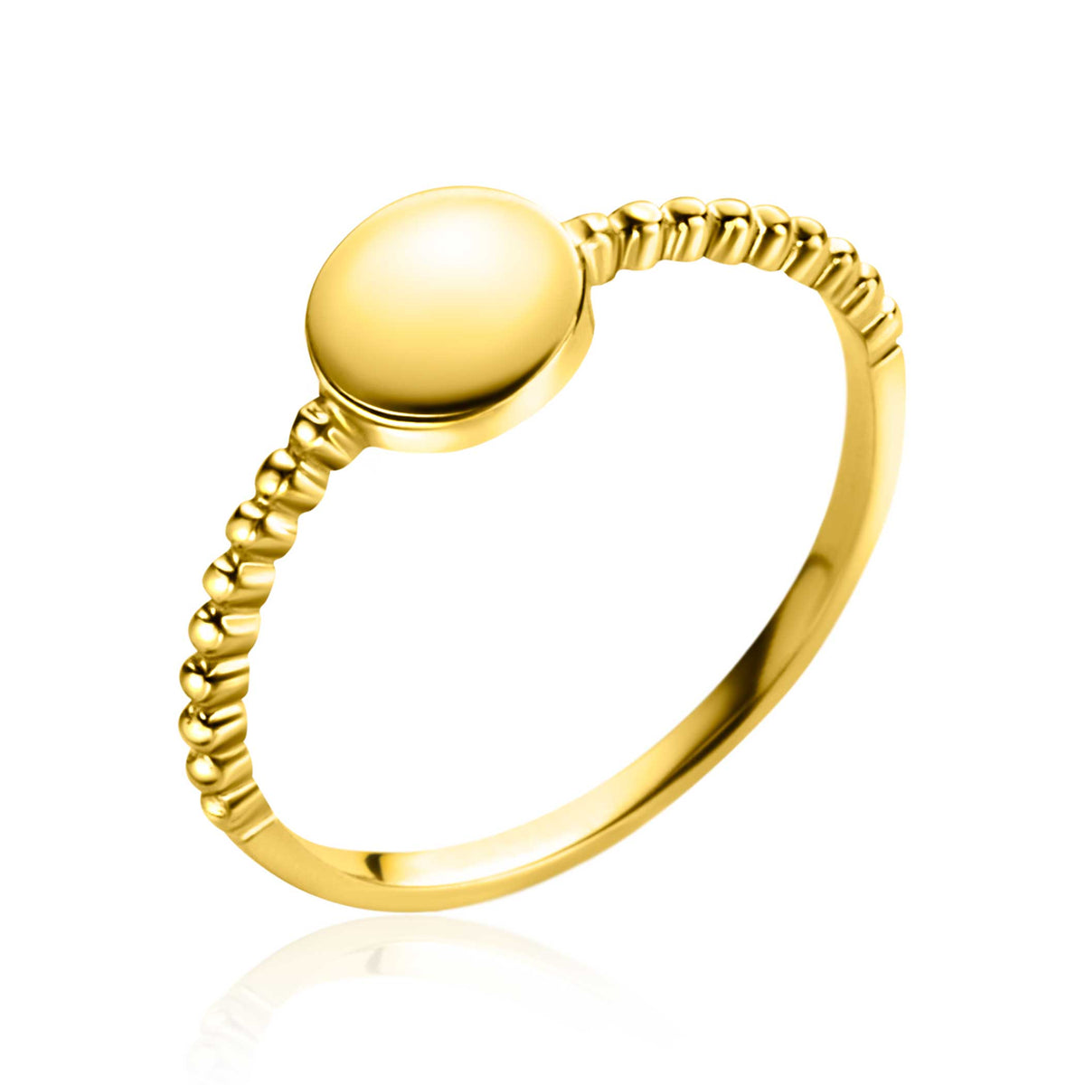 Gouden ring met een gladde, ronde bovenkant en een gedetailleerde, geribbelde band.
