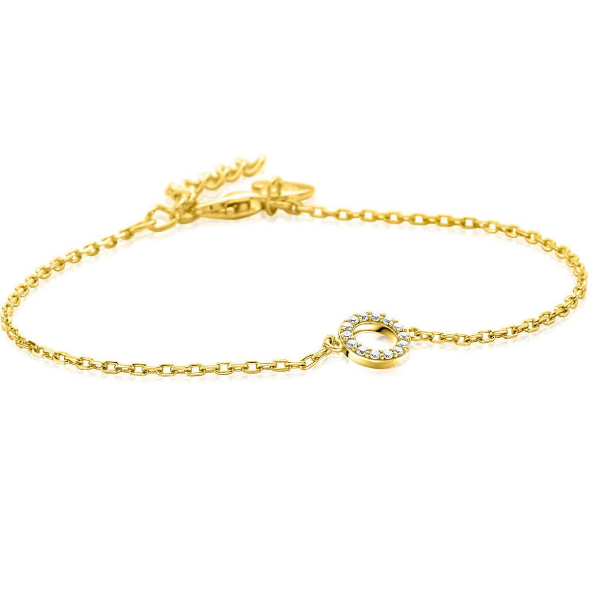 Gouden armband met een fijne schakel en een ronde, sprankelende steen in een bezelzetting.