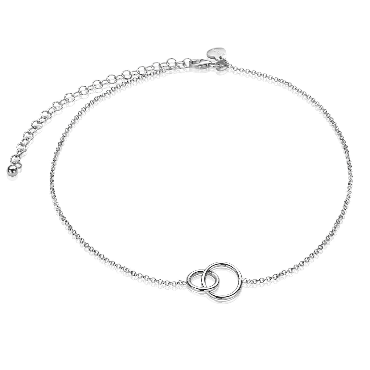 Zilveren ketting met twee overlappende ringen en een verstelbare sluiting.
