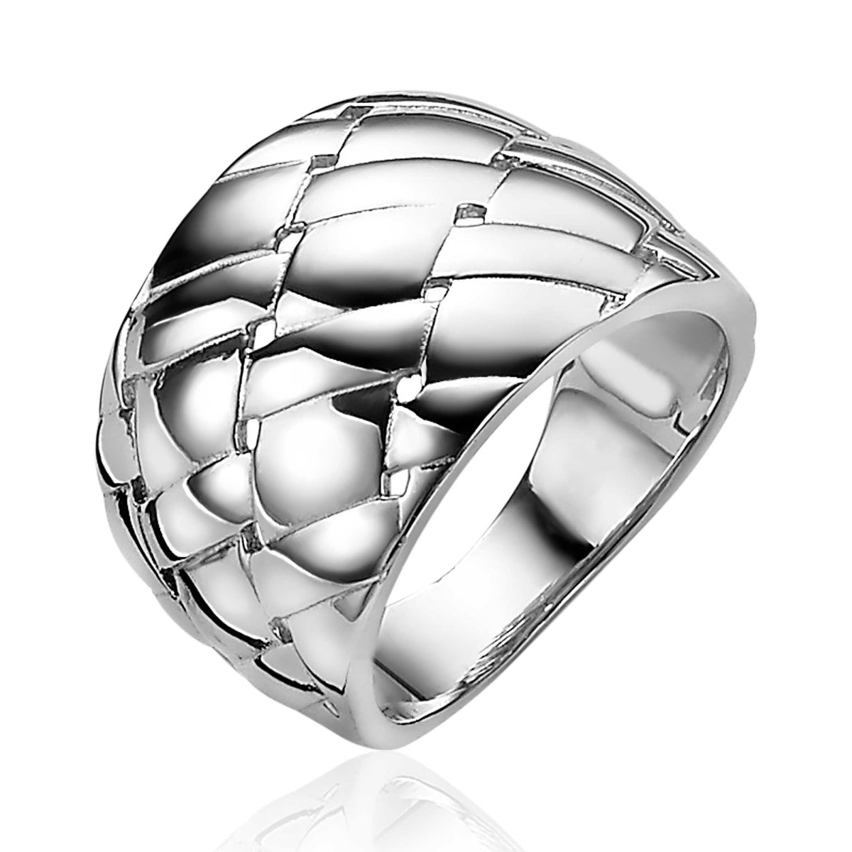 Zilveren ring met een gevlochten patroon en glanzende afwerking.
