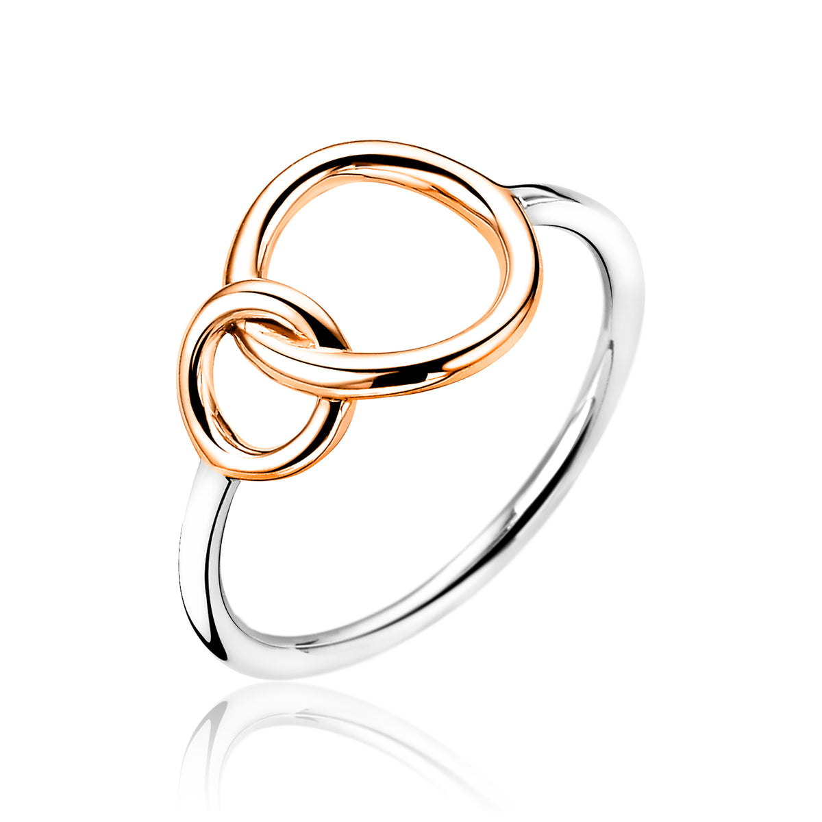 Gouden ring met twee in elkaar grijpende ringen, één in roségoud en één in zilver.