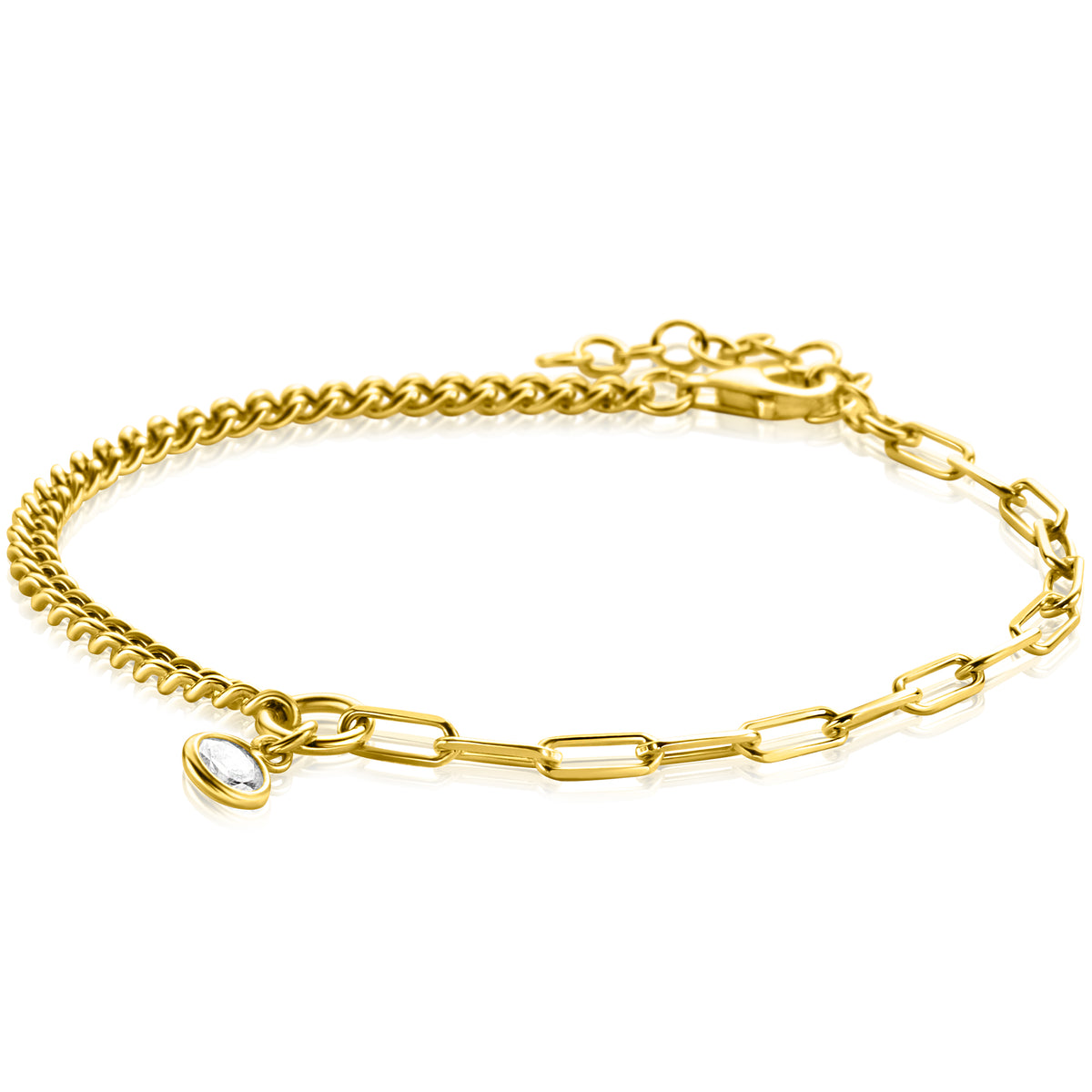 Gouden armband met schakelontwerp en een kleine, heldere hanger.