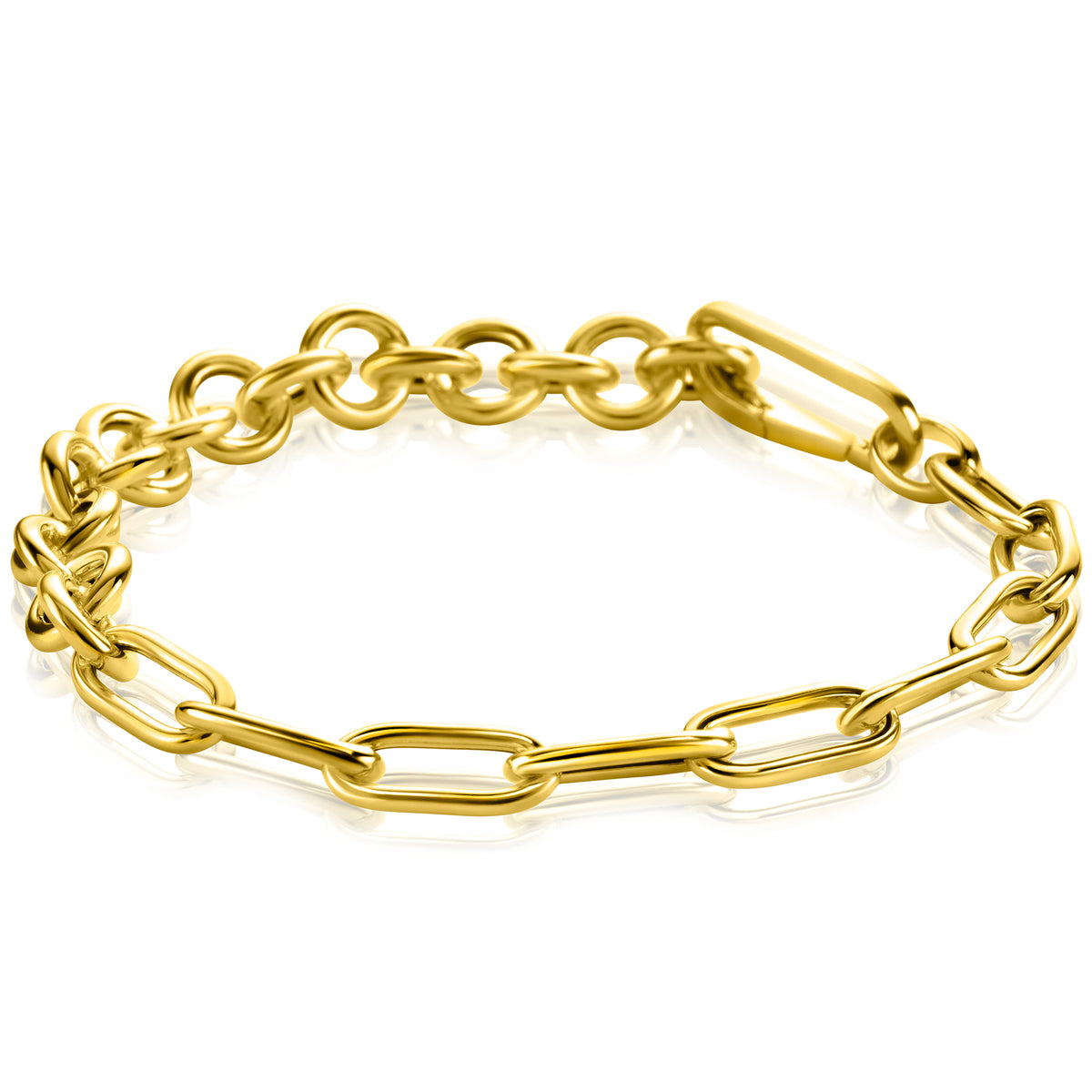 Gouden armband van schakels met een glanzende afwerking en een sluiting in de vorm van een rechthoek.
