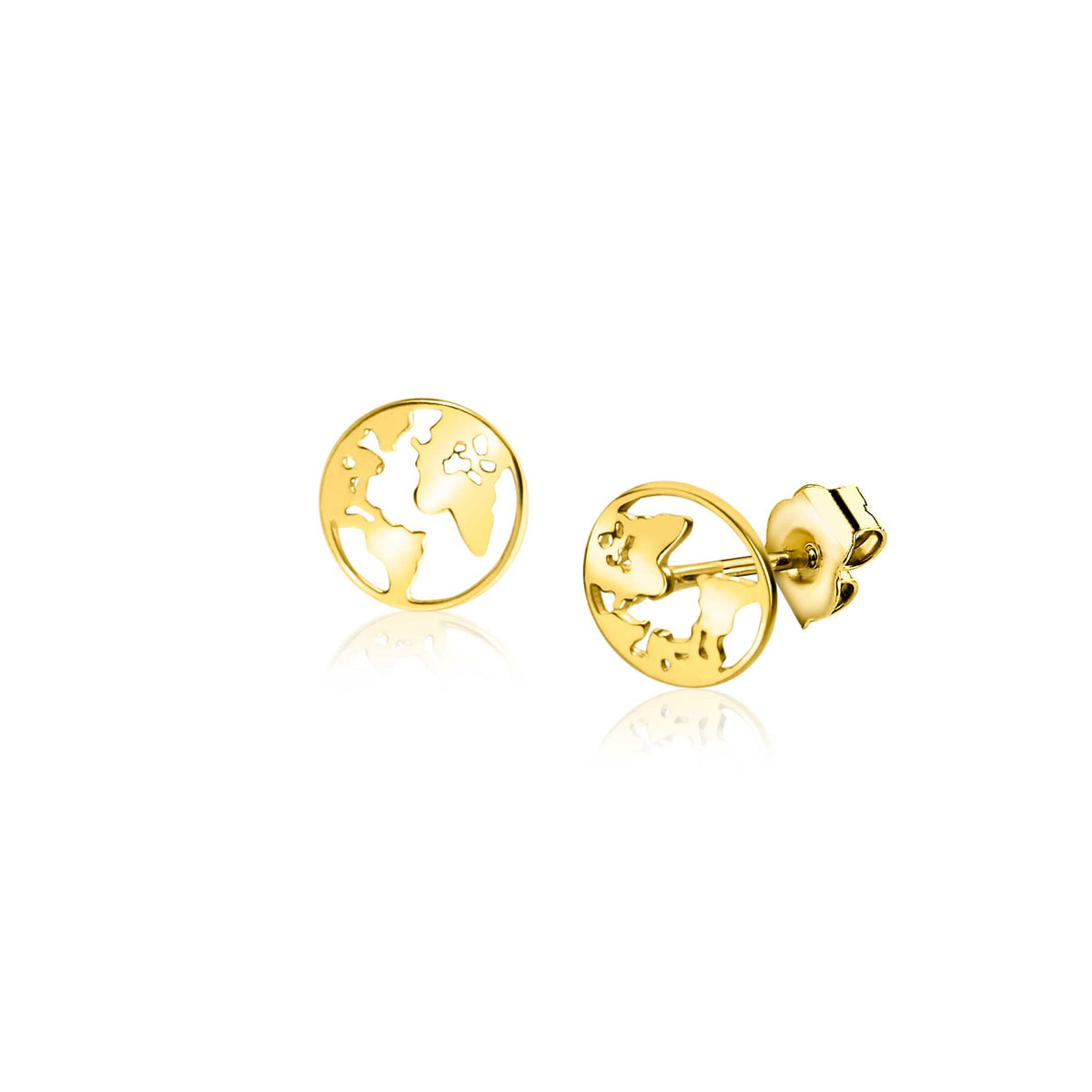 Gouden oorbellen met wereldbol ontwerp en opengewerkte details.