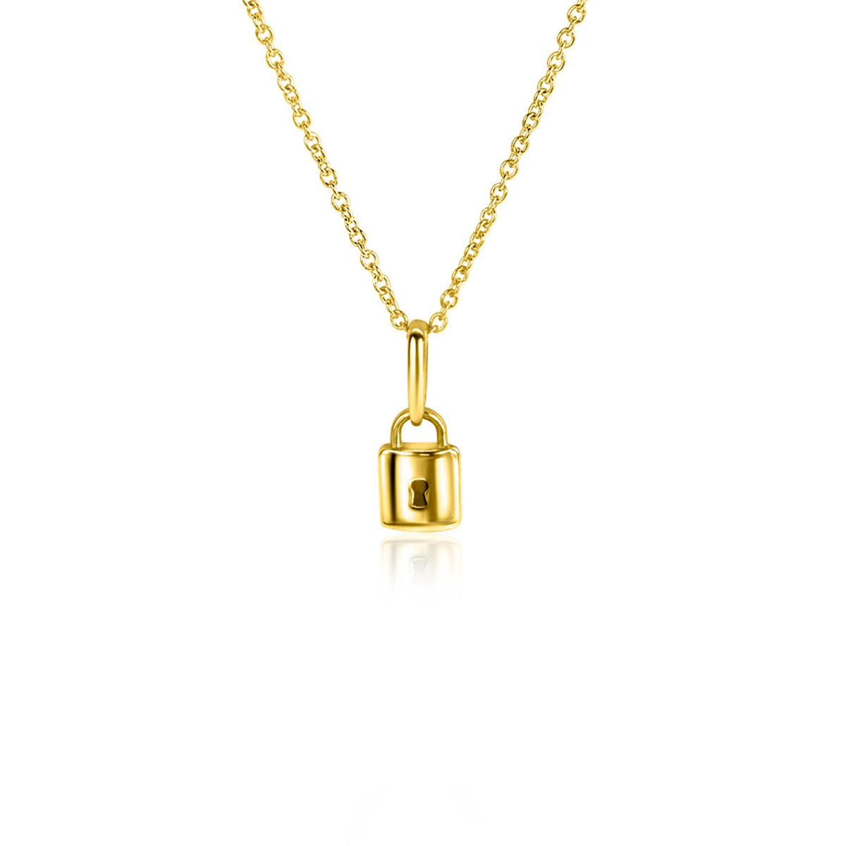 Deze elegante gouden ketting heeft een delicate ketting met een trendy slotje hangslot hanger, die doet denken aan de Zinzi Hangers Goud Zgh419. De gepolijste bedel schittert in het midden tegen een effen witte achtergrond, wat de eenvoud en verfijning van de sieraden versterkt.