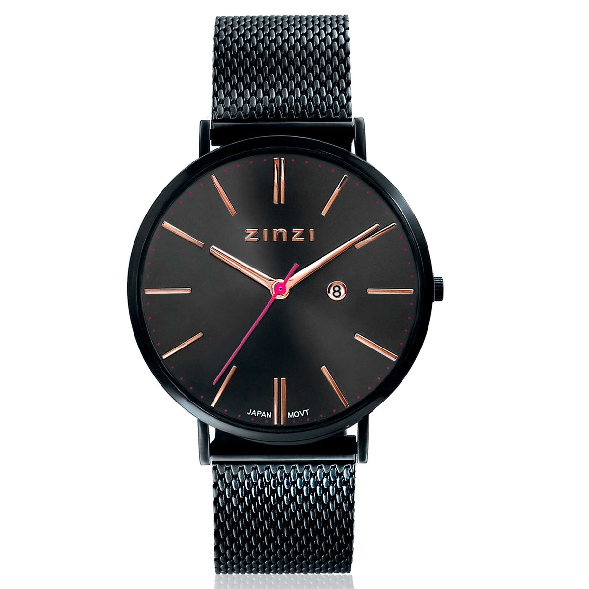 Zwart horloge van staal met een mesh-band, zwarte wijzerplaat en roségouden accenten.