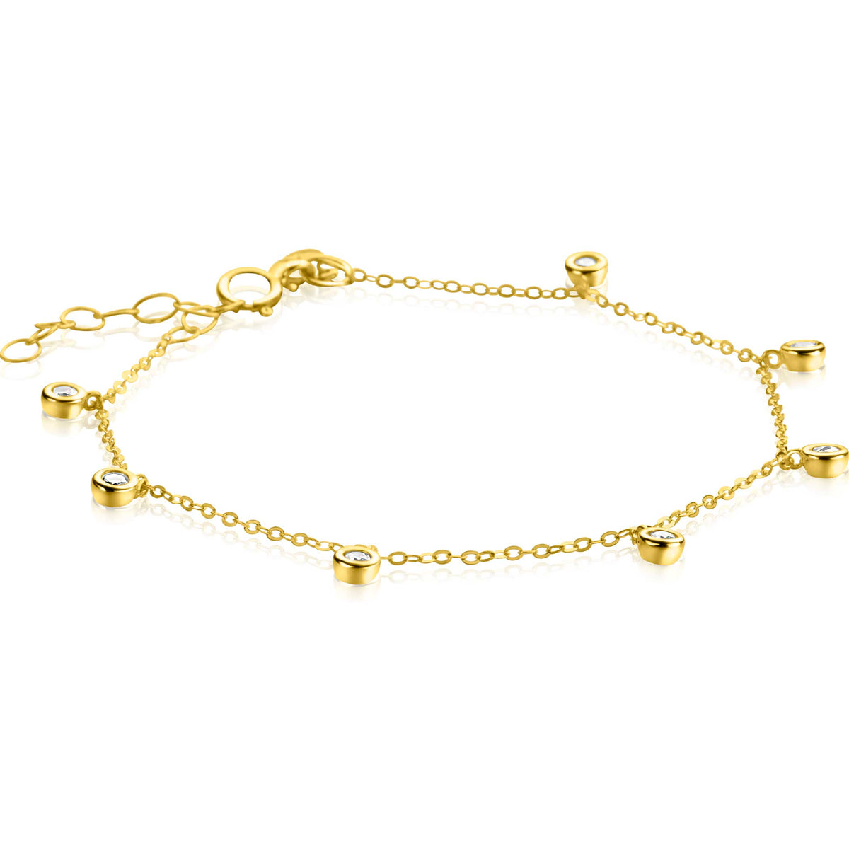 Gouden armband met vijf ronde, helder steentjes en een fijne schakelketting.