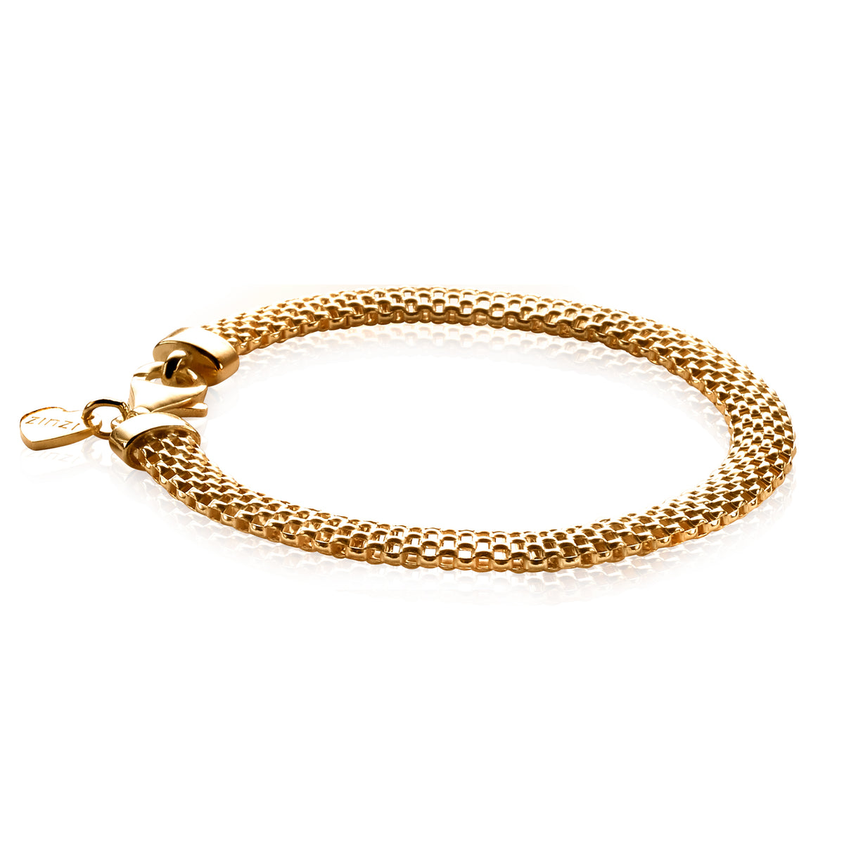 Gouden armband met een gevlochten mesh-design en een stevige sluiting.