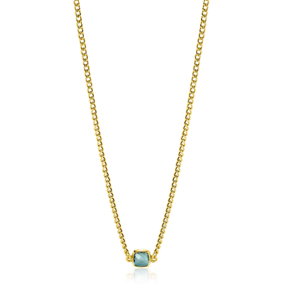 Gouden ketting met een fijne schakel en een lichtblauwe edelsteen in het midden.