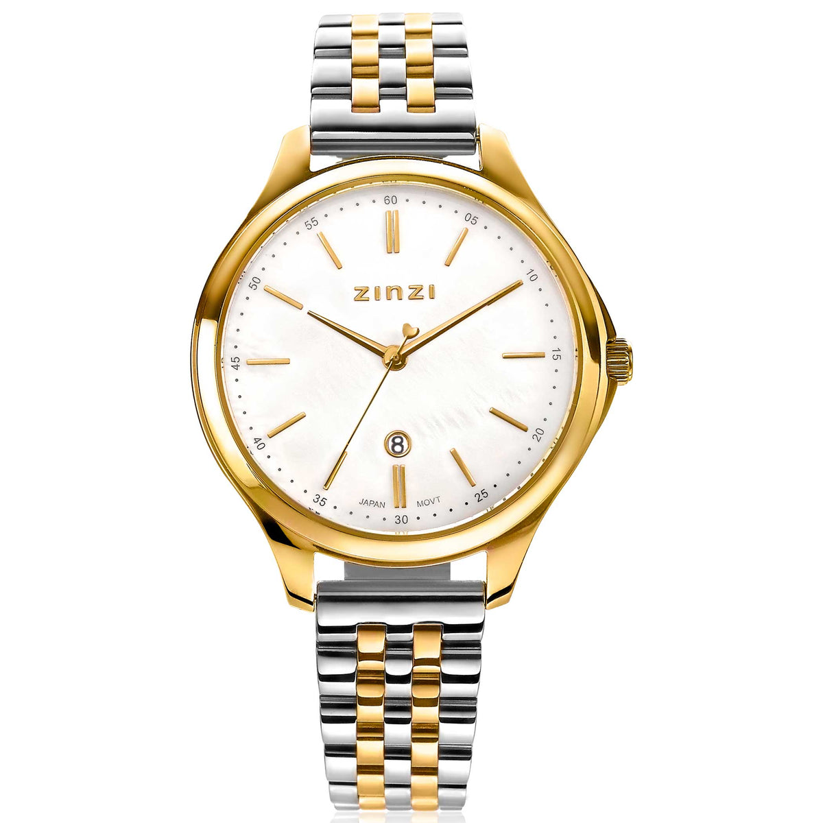 Geelgoudkleurig horloge met een witte wijzerplaat en een zilver-gouden schakelband.