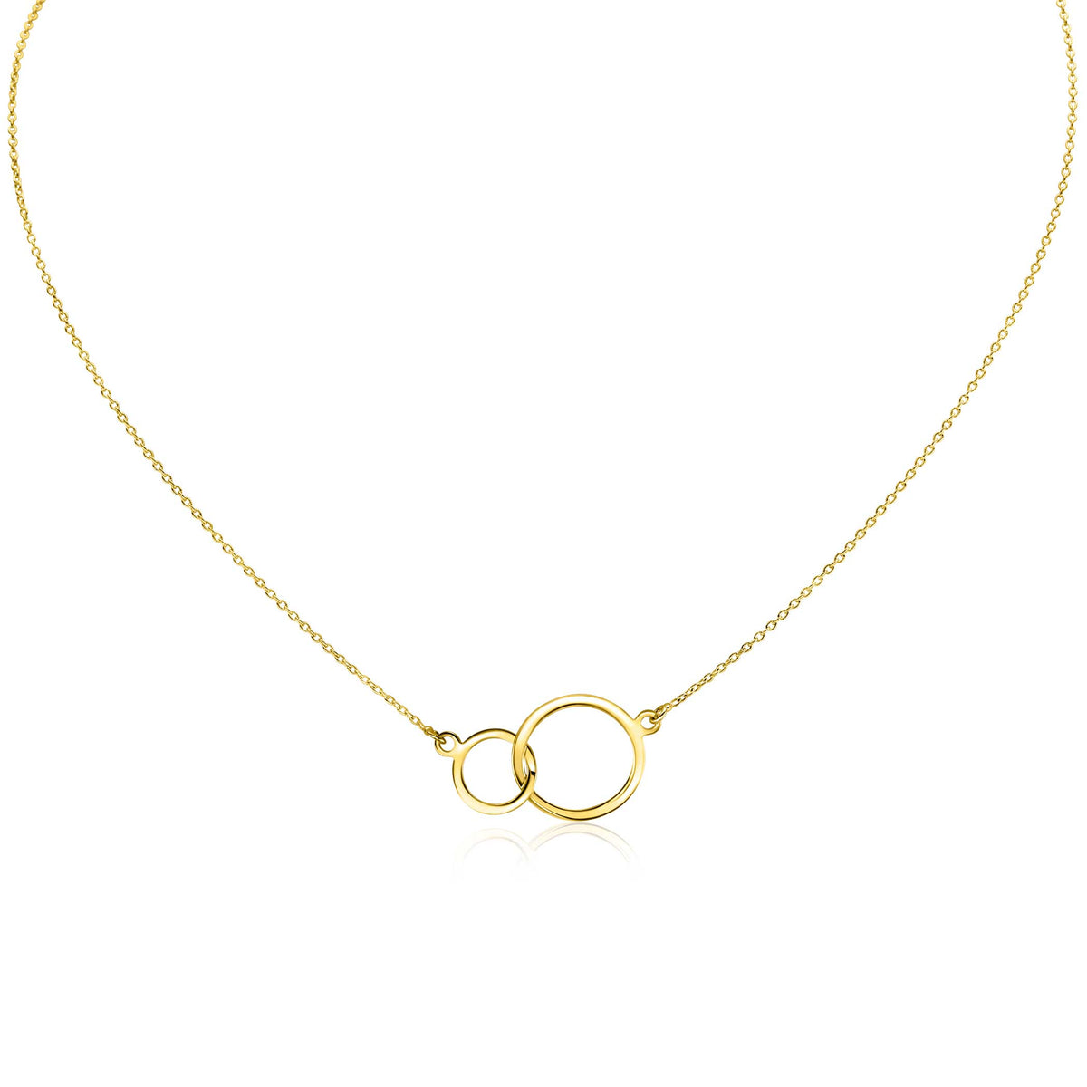 Gouden ketting met twee overlappende ringen, fijne schakelketting.