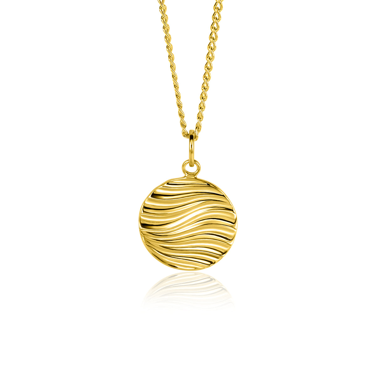 Gouden hanger met golvende structuur, hangend aan een fijne schakelketting.