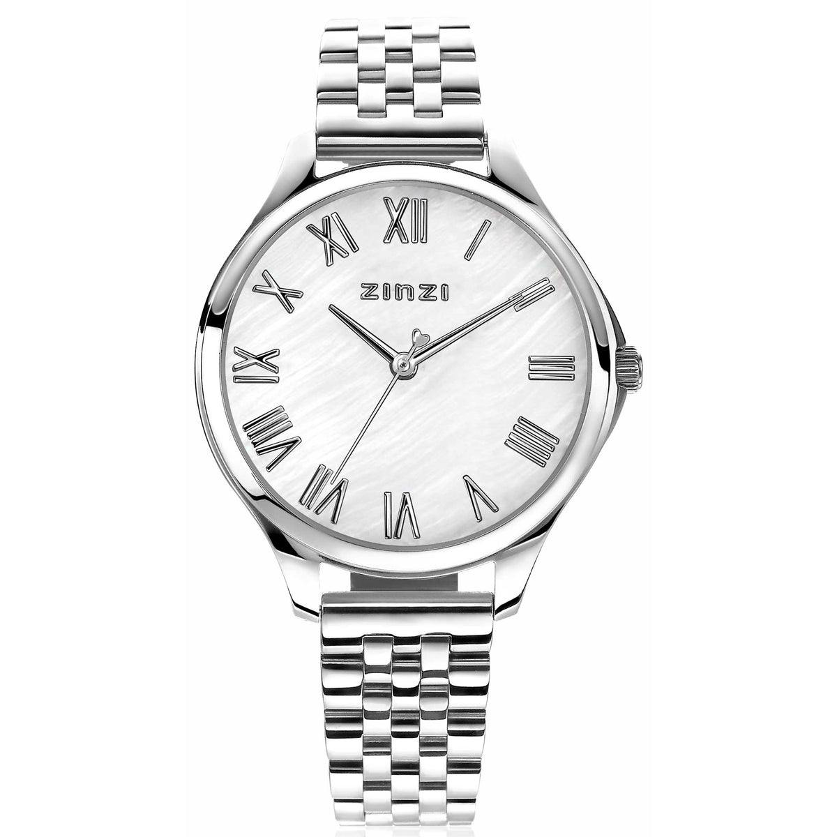 Zilverkleurig horloge van staal met een witte wijzerplaat en Romeinse cijfers, voorzien van een schakelband.