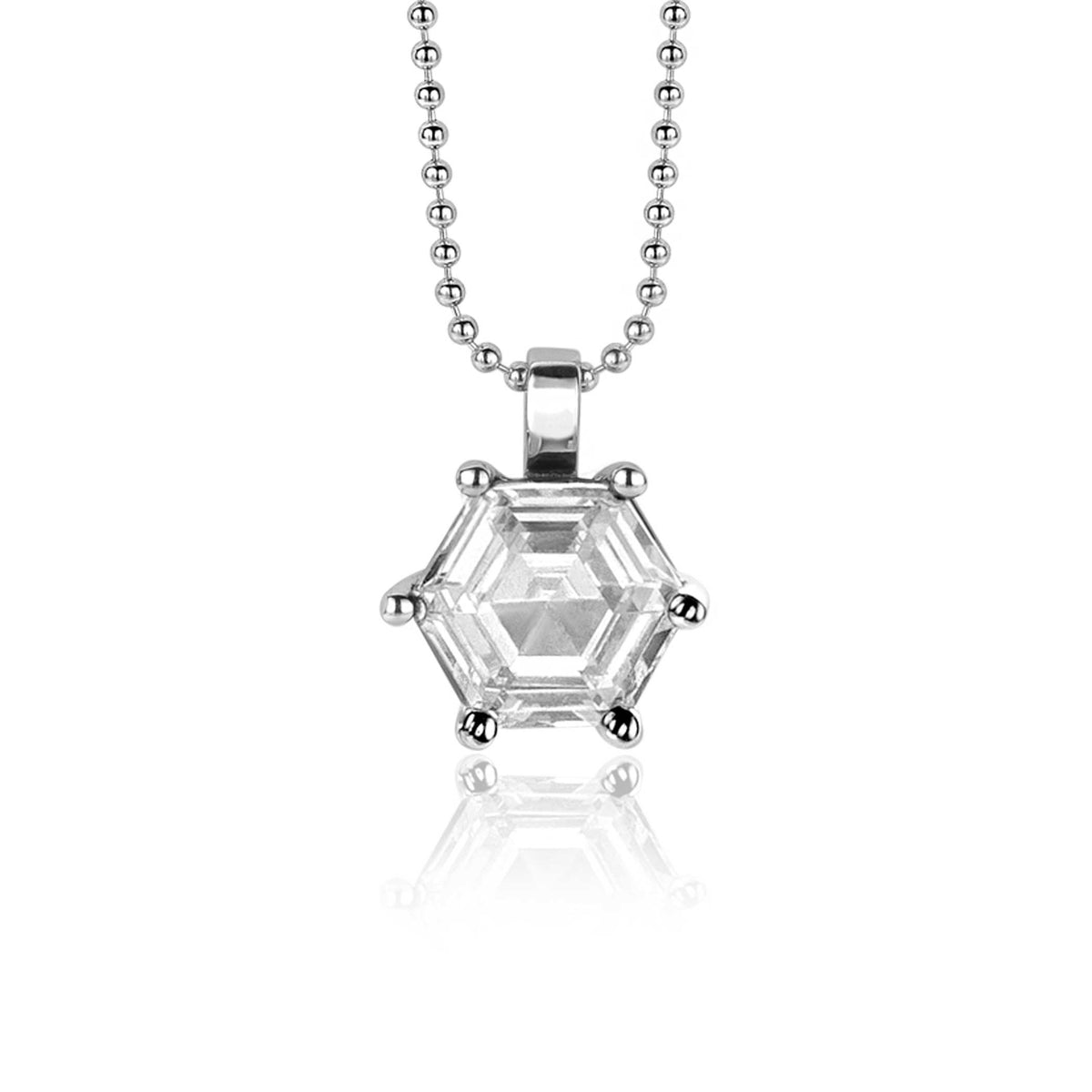 Zilveren hanger met een octagonale, transparante steen en een bolletjesketting.
