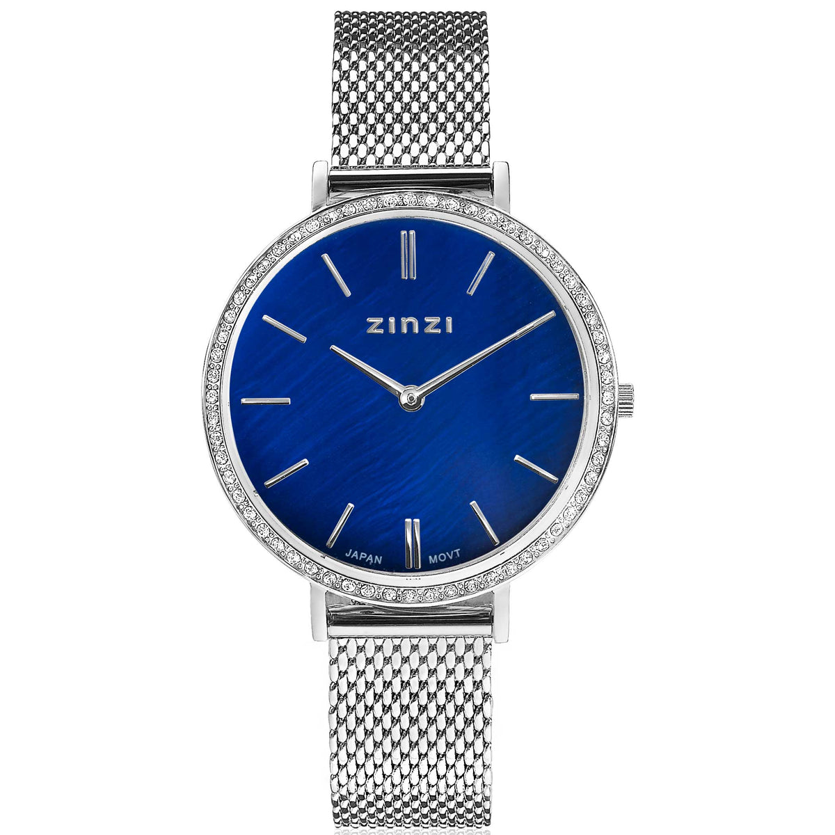 Zilverkleurig horloge van staal met een blauwe wijzerplaat en een mesh-band, versierd met steentjes.