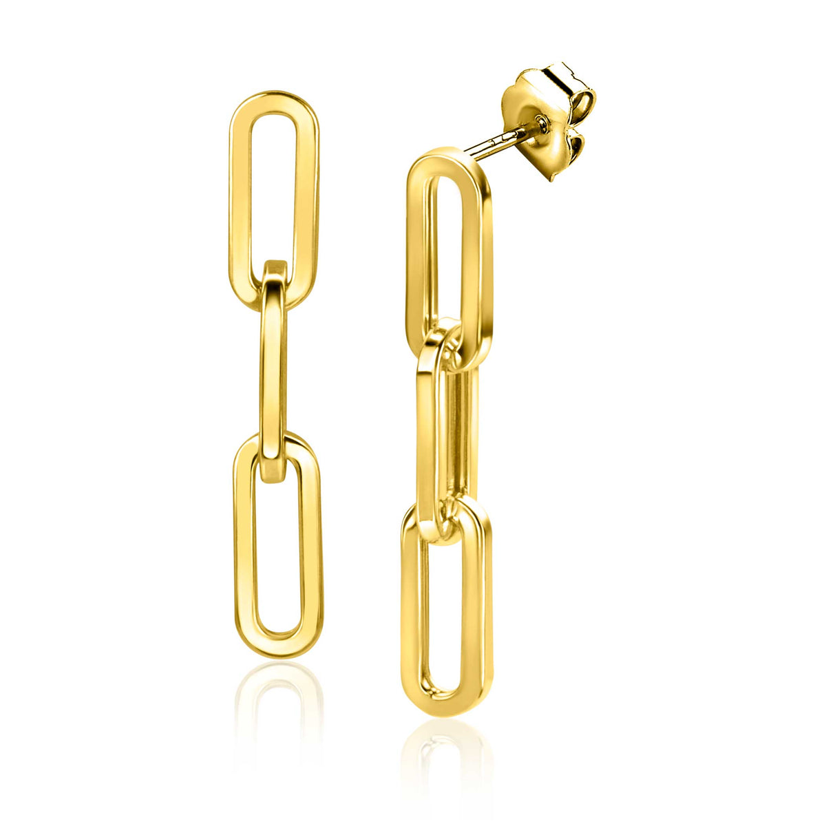 Gouden oorbellen met een schakelsysteem in een moderne, minimalistische stijl.
