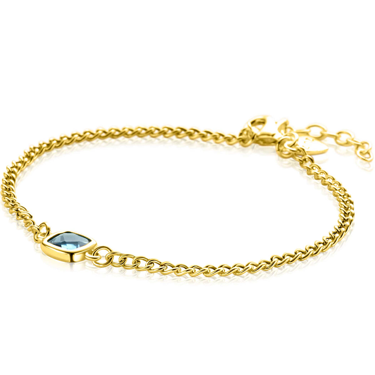 Gouden armband met een schakelkettinkje en een lichtblauwe, peervormige steen.