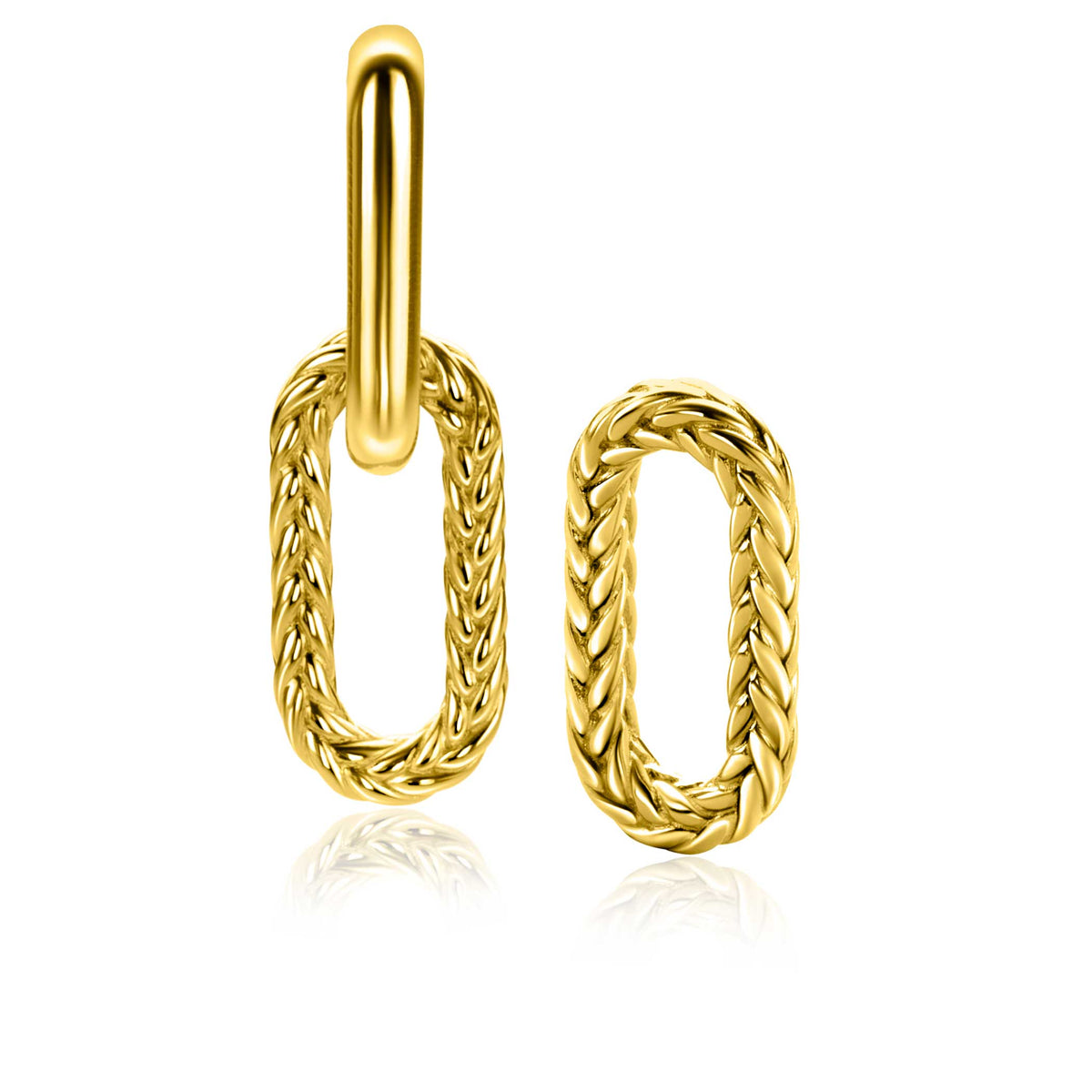 Gouden oorbellen met een gevlochten ovalen ontwerp en een hangende schakel.