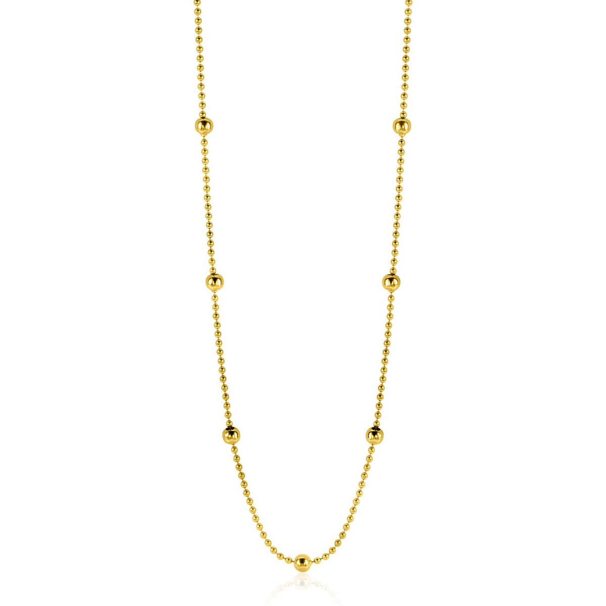 Gouden ketting met bolvormige details en een fijne schakelstructuur.