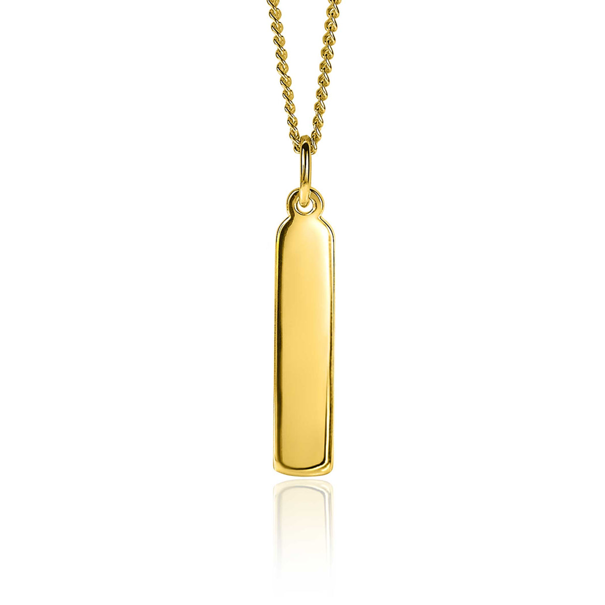 Gouden hangertje met een lange, rechte vorm aan een fijne ketting.
