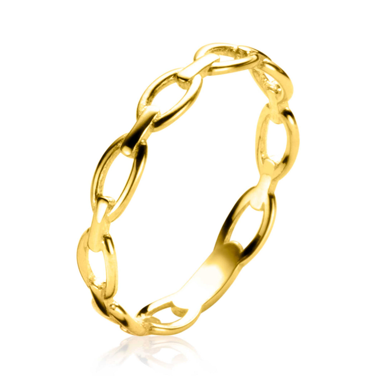 Gouden ring met een schakelpuntontwerp en een glanzende afwerking.