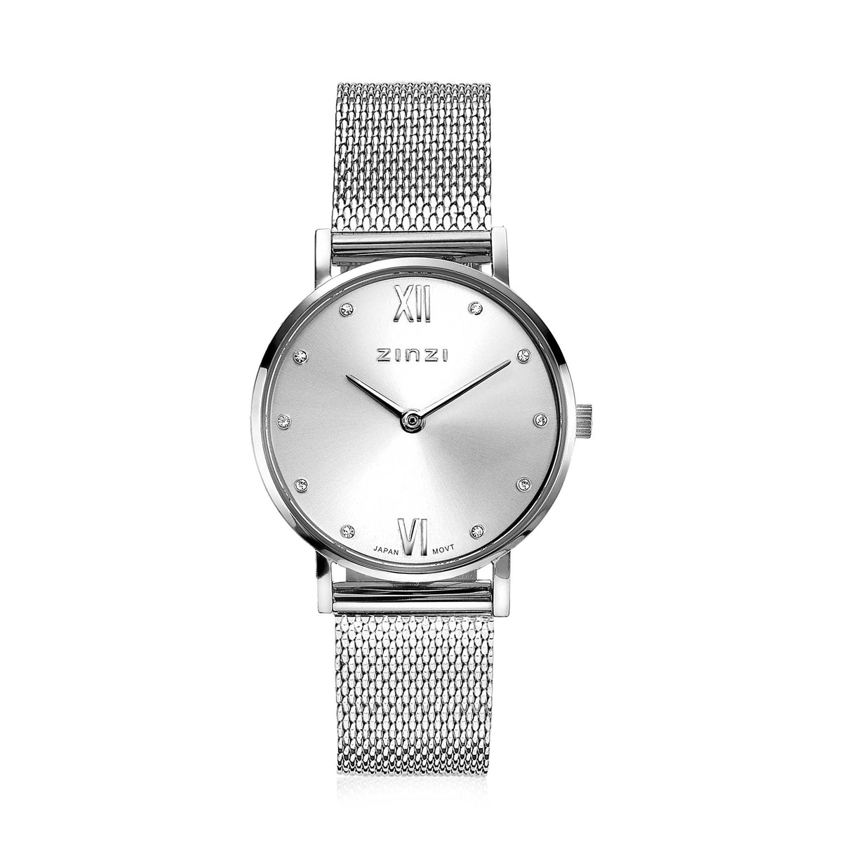Zilverkleurig horloge van staal met mesh-band, ronde wijzerplaat en steentjes als uurmarkeringen.