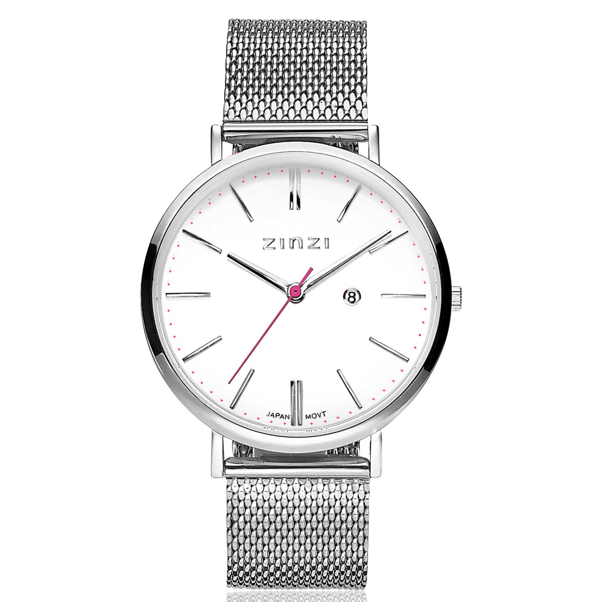 Zilverkleurig horloge van staal met een witte wijzerplaat, mesh-band en rode secondewijzer.