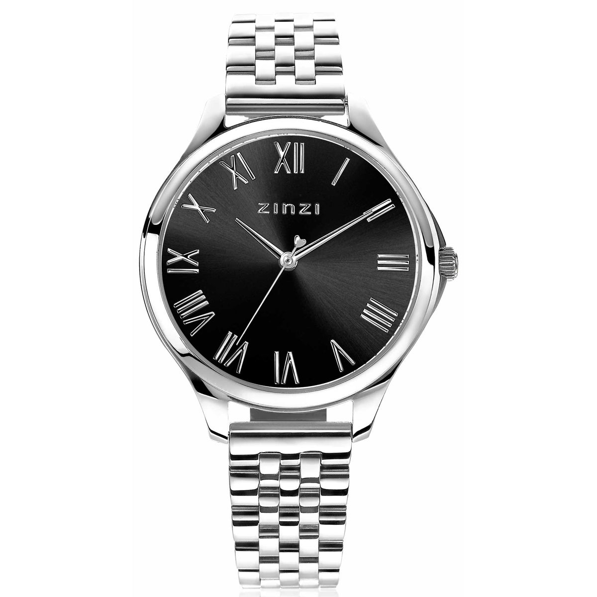Zilverkleurig horloge van staal met een zwarte wijzerplaat en Romeinse cijfers.