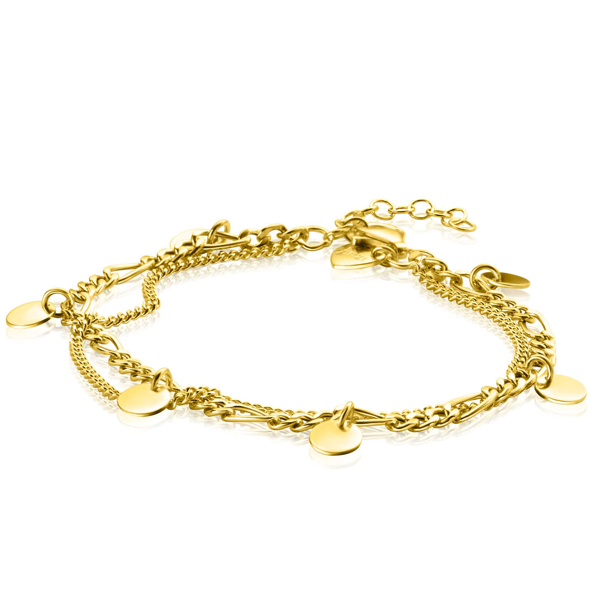 Gouden armband met schakels en hangende schijfjes, afgewerkt in een glanzende look.