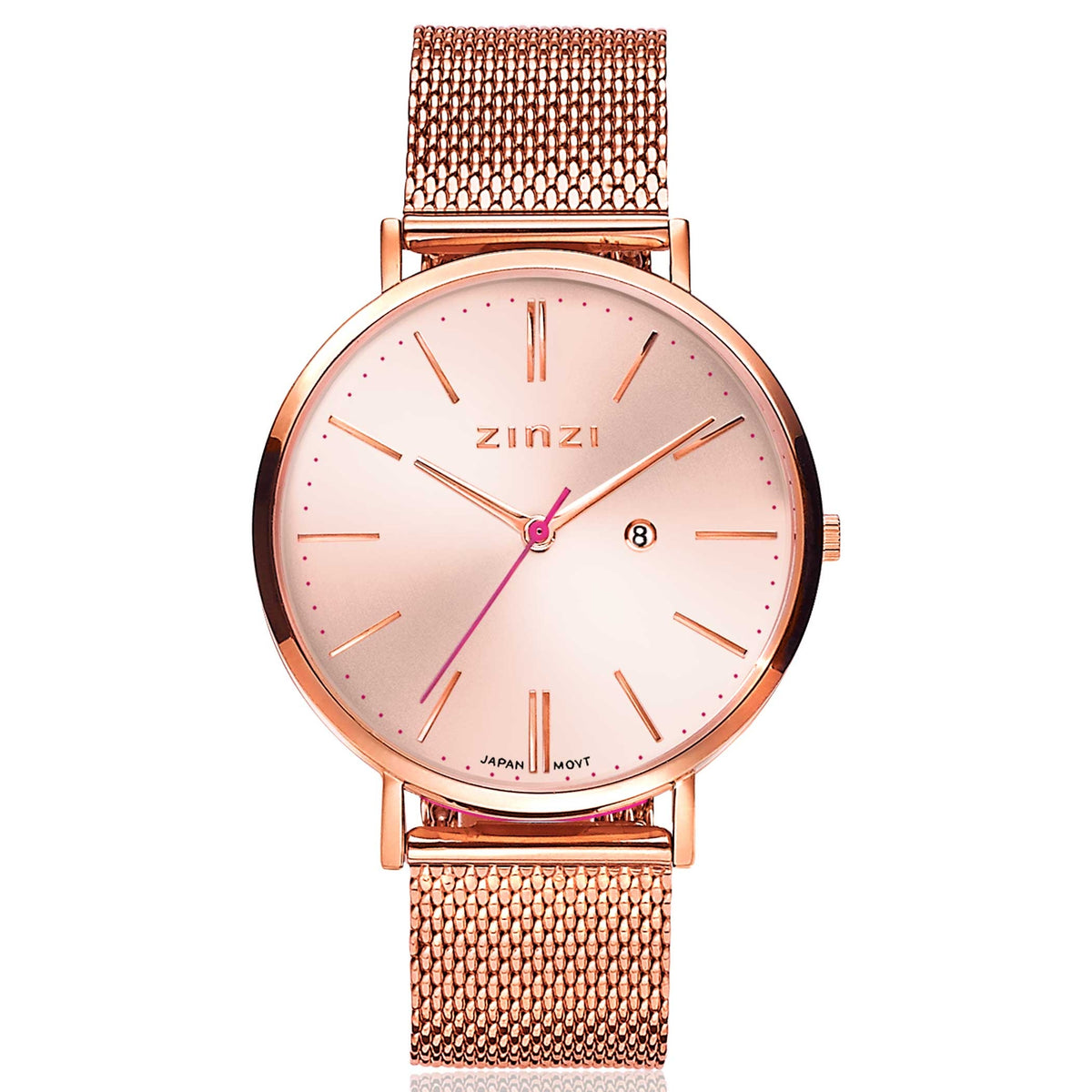 Roségoudkleurig horloge van staal met een mesh-band, ronde wijzerplaat en een subtiele secondewijzer.