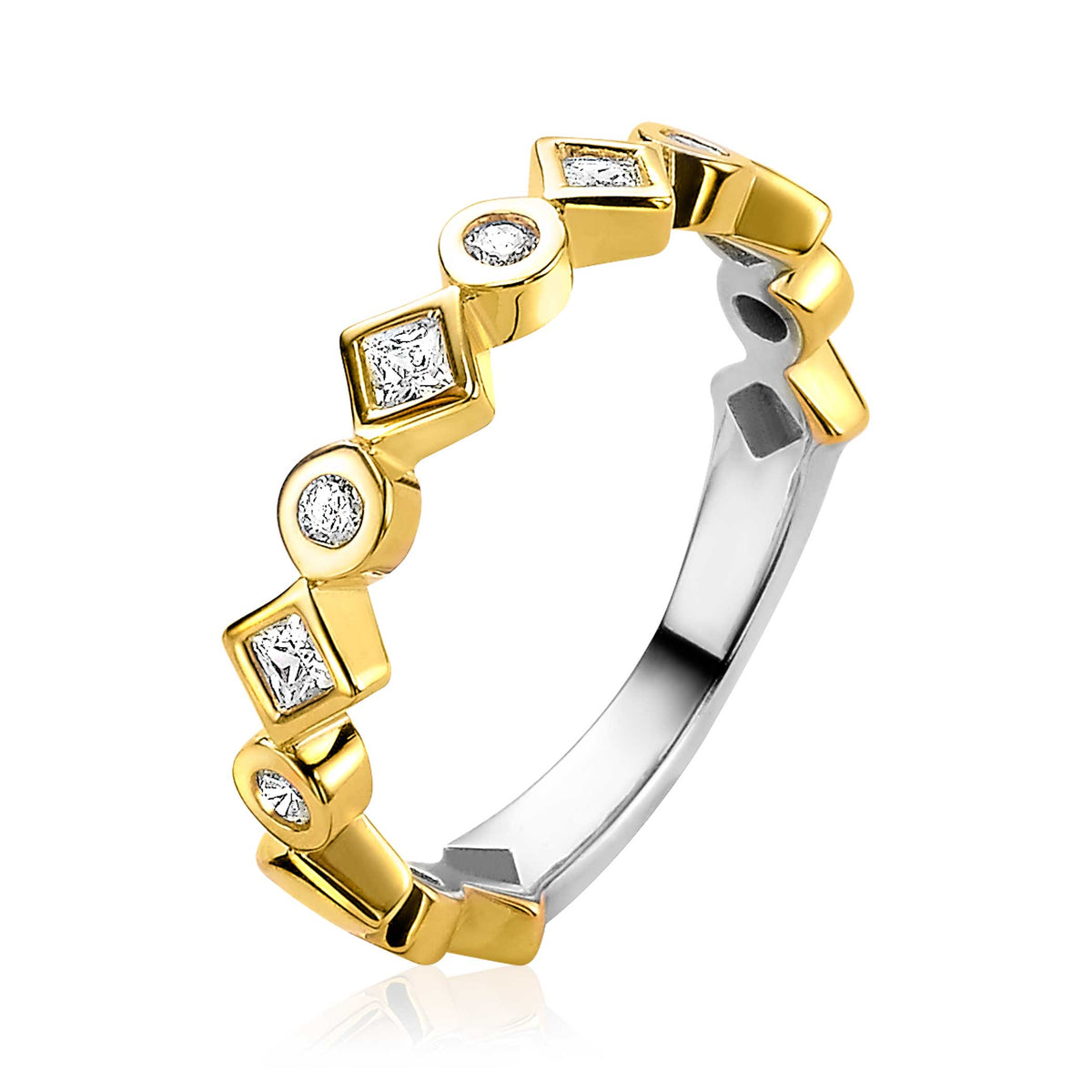 Gouden ring met vierkante en ronde zirkonia's, afgewerkt met een zilveren binnenkant.