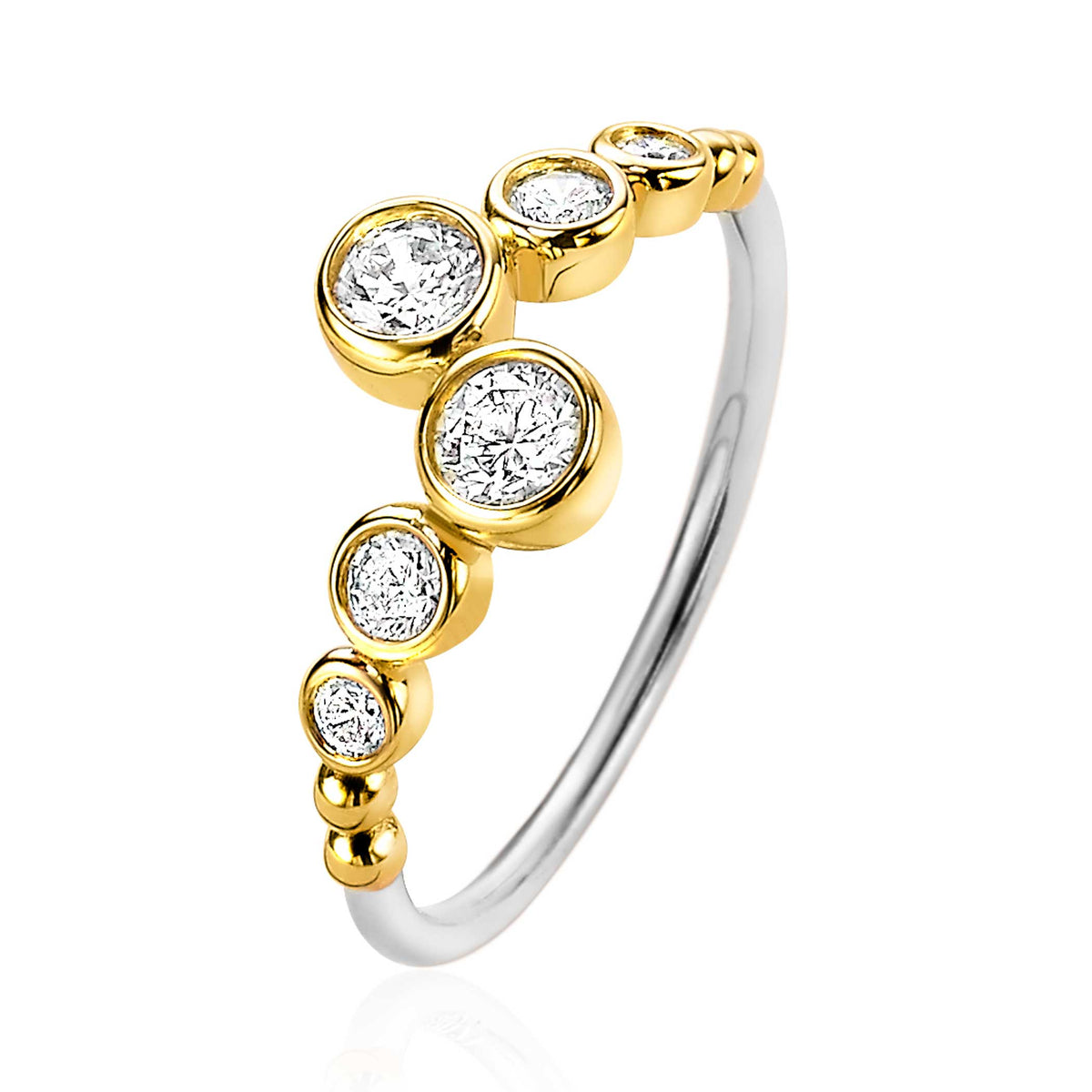 Gouden ring met een zilveren band en ronde, fonkelende steentjes in verschillende groottes.