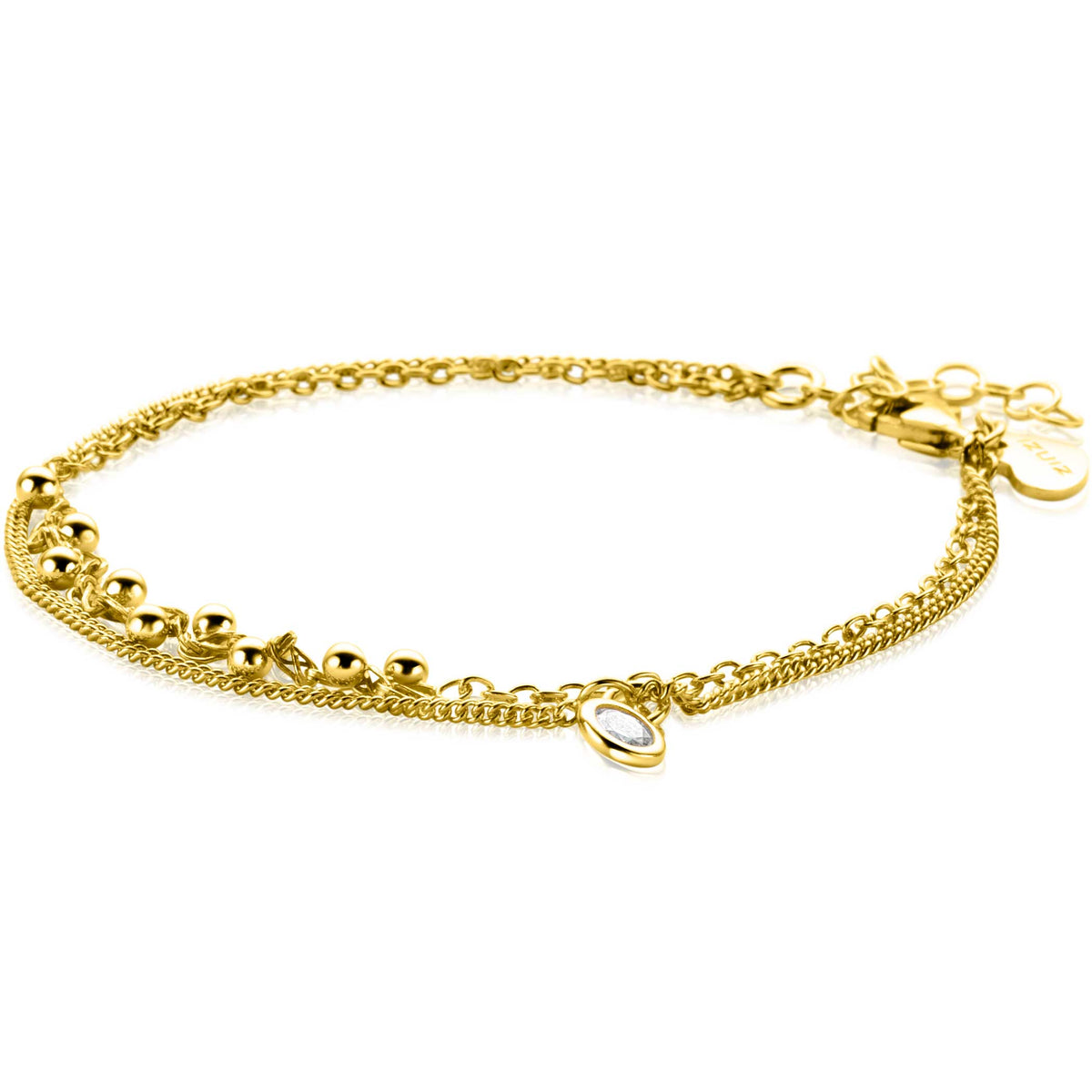 Gouden armband met schakels en bolletjes, voorzien van een kleine, ovale hanger.
