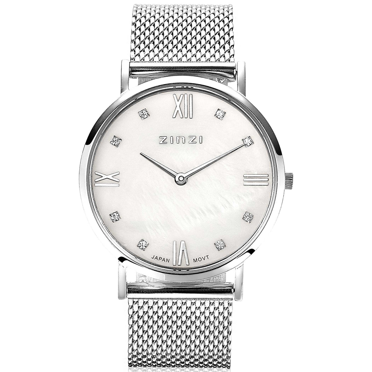 Zilverkleurig horloge van staal met mesh-band, witte wijzerplaat en diamantvormige indexen.