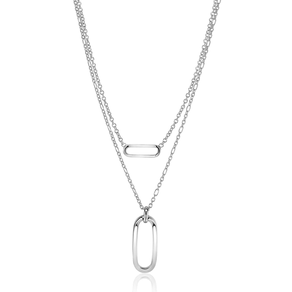 Zilveren ketting met dubbele schakel, voorzien van twee ovale hangers in verschillende formaten.