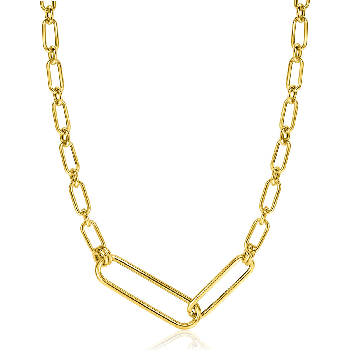 Gouden ketting met schakels en een V-vormig detail in het midden.