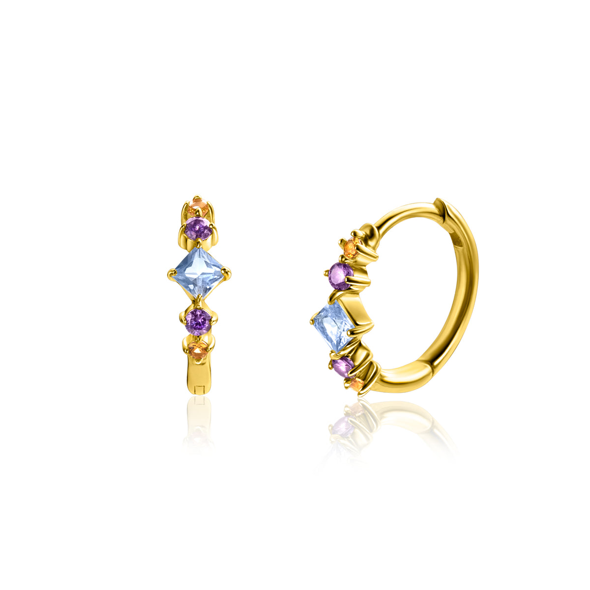 Gouden oorbellen met blauwe en paarse stenen in een moderne, geometrische vorm.