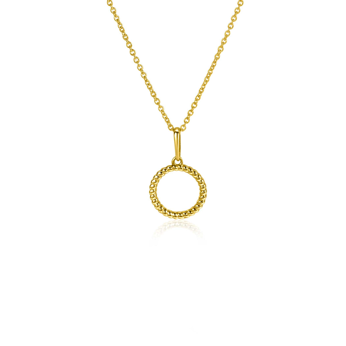 De ZINZI Gold ketting, productnaam Zinzi Hangers Goud Zgh400, heeft een delicate ketting en een ronde hanger met een getextureerd, kralenontwerp. Tegen een effen witte achtergrond werpt het een zachte reflectie.