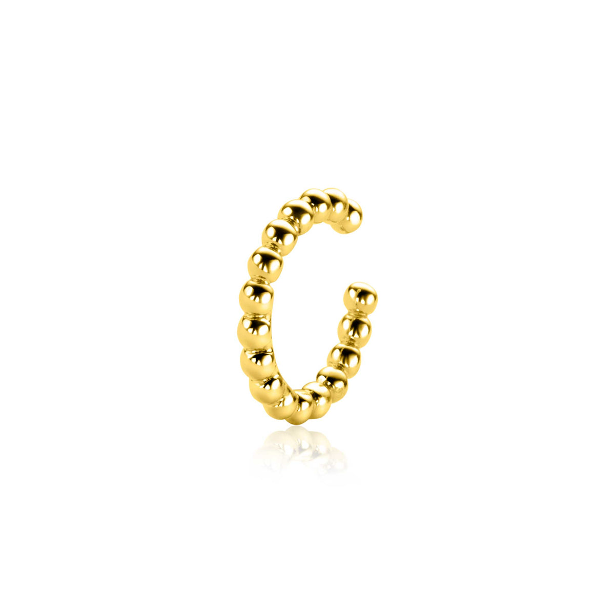 Gouden oorbel in de vorm van een gebogen cuff met bolletjesdesign.