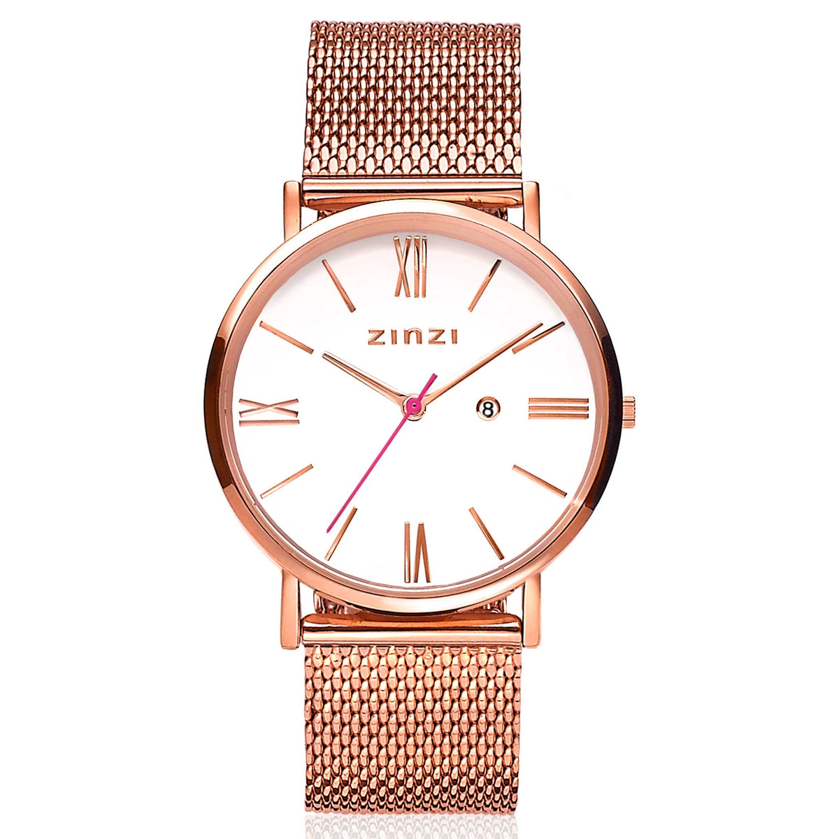 Roségoudkleurig horloge met mesh-band, witte wijzerplaat en Romeinse cijfers.