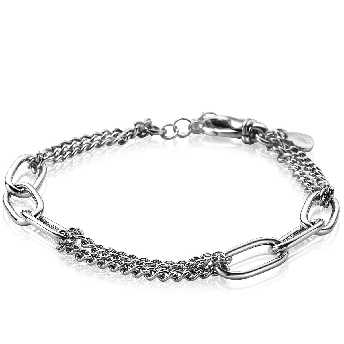 Zilveren armband met schakels en een gevlochten kettingstructuur.