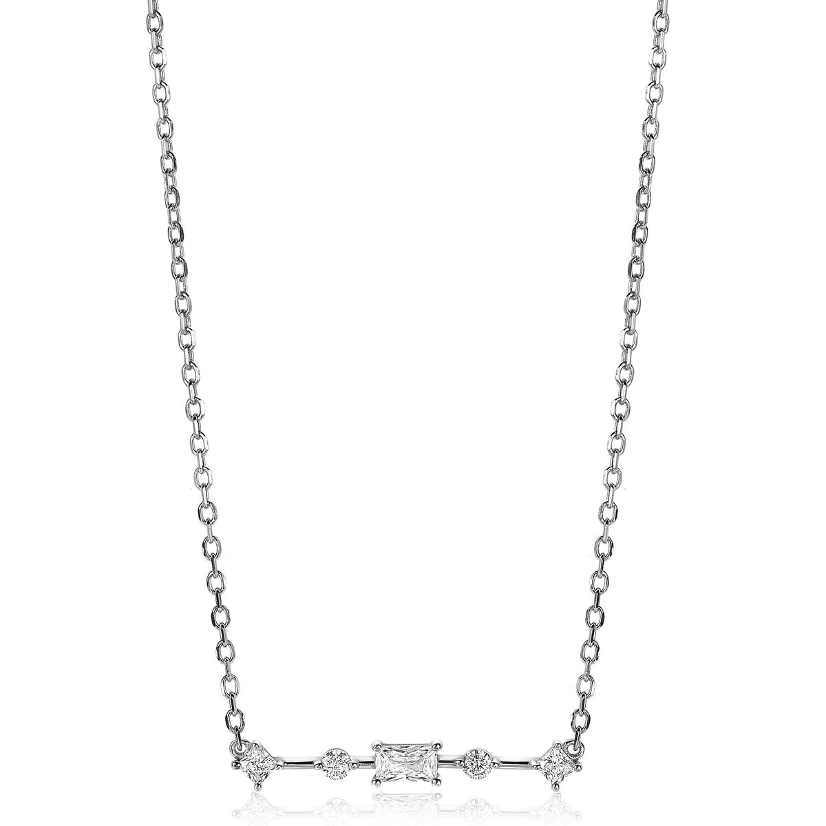 Zilveren ketting met een combinatie van vierkante en ronde steentjes in een verfijnde opstelling.