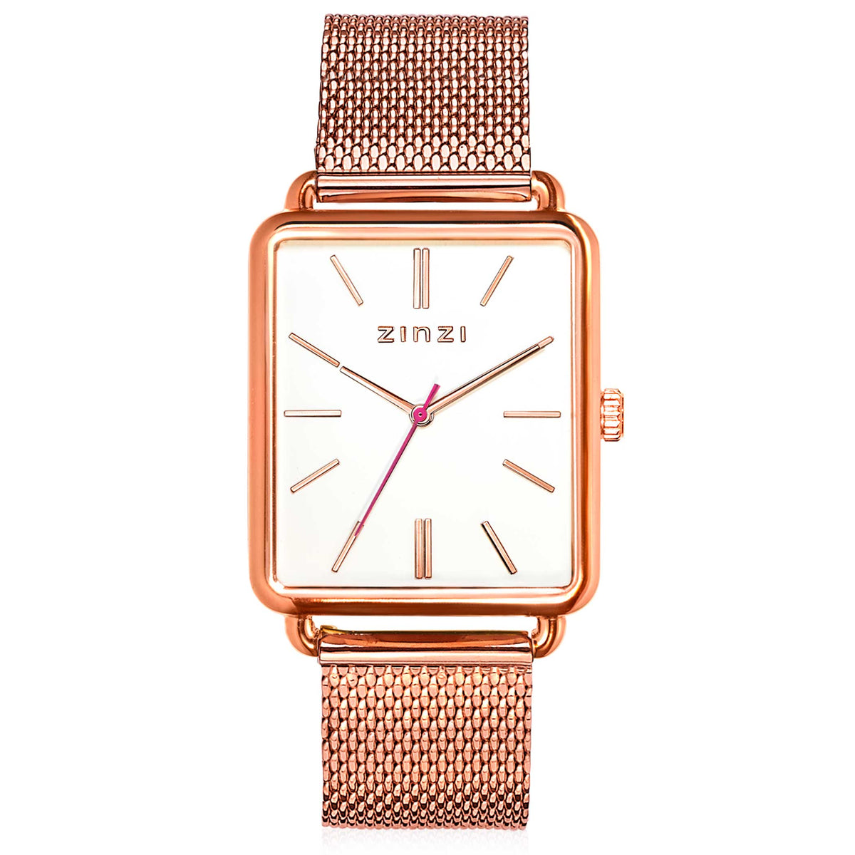 Roségoudkleurig horloge met vierkante kast, witte wijzerplaat en mesh-band.