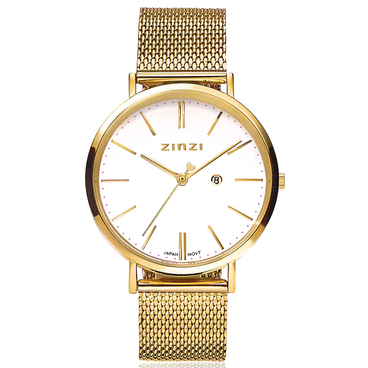 Geelgoudkleurig horloge met witte wijzerplaat en mesh-band.