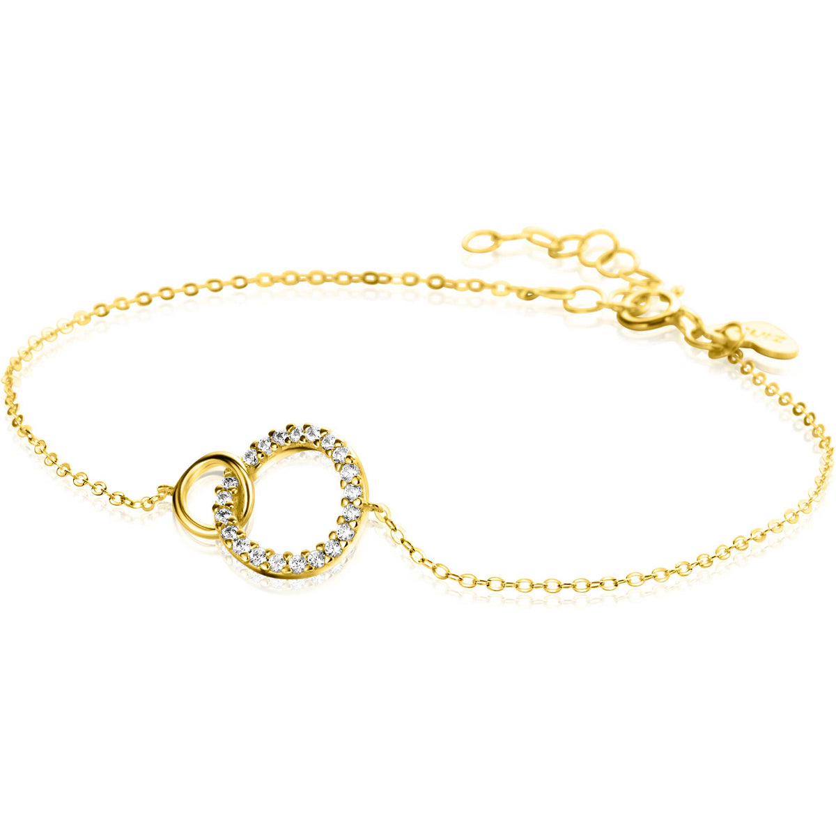 Gouden armband met een open hartvormige hanger bezet met sprankelende steentjes.